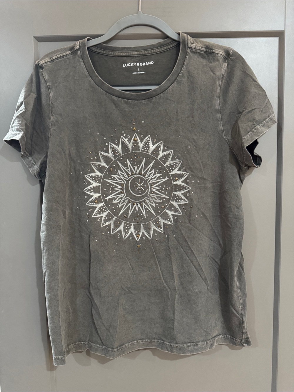 Lucky Brand Washed Gray Sun & Moon Graphic Tee with Subtle Gold Accents